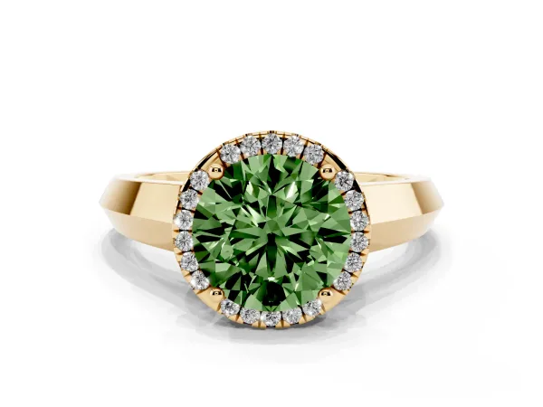 Fancy Green Round Cut Halo Diamond Ring with Cathedral Band and Four-Prong Setting Yellow gold