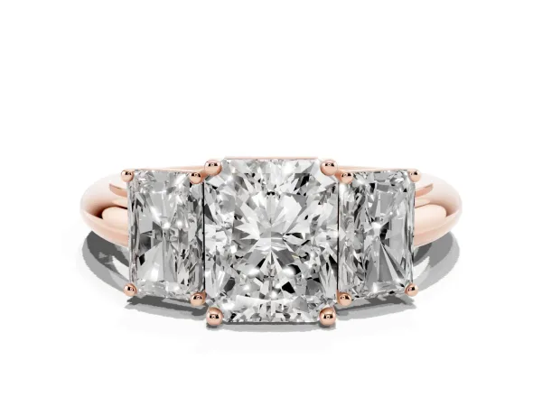Three-Stone Radiant Cut Cut Diamond Engagement Ring with Prong Setting on a White Gold Band Rose gold