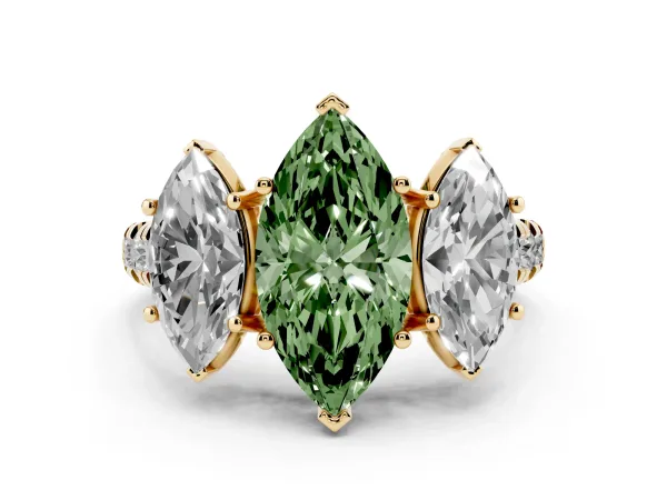 Fancy Green Three-Stone Marquise Cut Diamond Pavé Band with Prong Setting Yellow gold