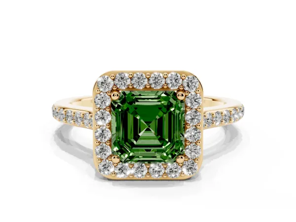 Fancy Green Asscher Cut Diamond Halo Engagement Ring with Round Pavé Shoulders and Prong Setting Yellow gold