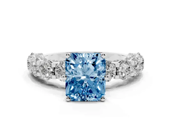 Fancy Blue Radiant Cut Diamond Side Stone Engagement Ring with Four-Prong Setting Platinum