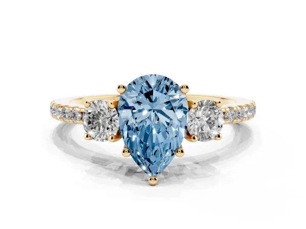 Fancy Blue Three-Stone Pear Cut Cut Diamond Pavé Band with Prong Setting Yellow gold