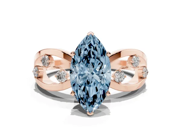 Fancy Blue Marquise Cut Cut Solitaire Diamond with Side Stones on Criss-Cross Band and Four-Prong Setting Rose gold