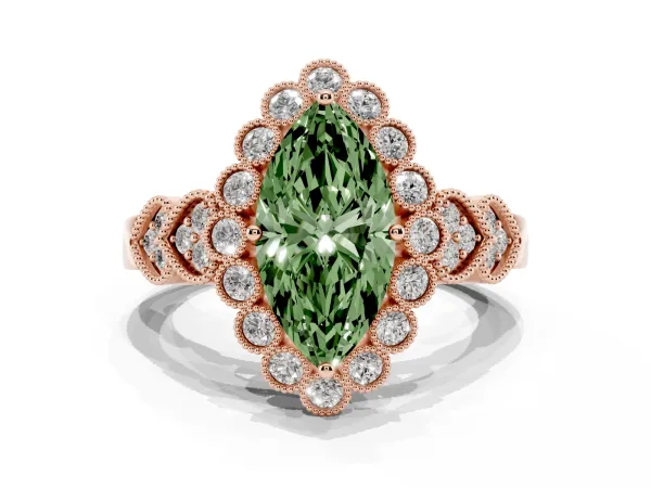 Fancy Green Marquise Cut Brilliant Milgrain Pave Heart Band Solitaire Ring Rose gold