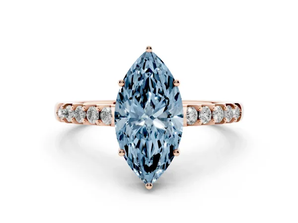 Fancy Blue Marquise Cut Solitaire Diamond Engagement Ring with Pavé Band and Six-Prong Setting Rose gold