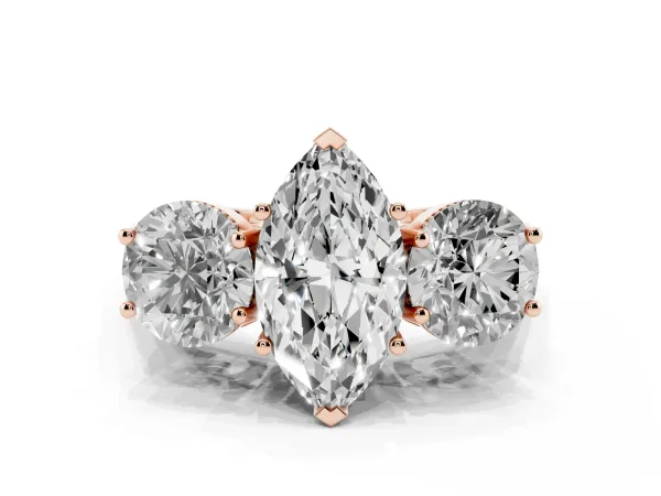Three-Stone Marquise Cut Diamond Engagement Ring with Prong Setting on a Classic Band Rose gold