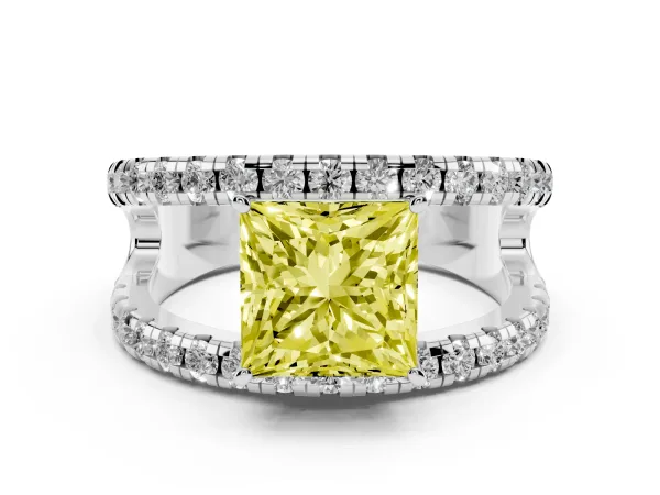 Fancy Yellow Princess Cut Solitaire Split Shank Pave Diamond Ring White gold