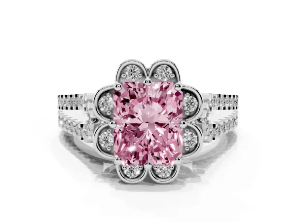 Fancy Pink Radiant Cut Halo Diamond Floral Split Shank Engagement Ring White gold
