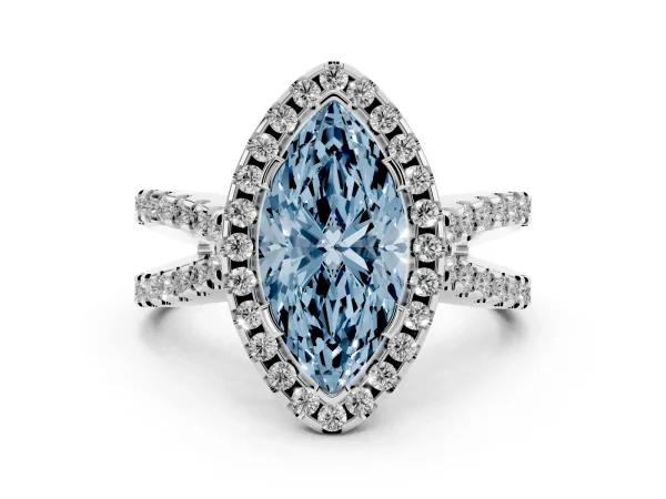 Fancy Blue Marquise Cut Diamond Halo Ring with Split Shank Pavé Band and Prong Setting Platinum