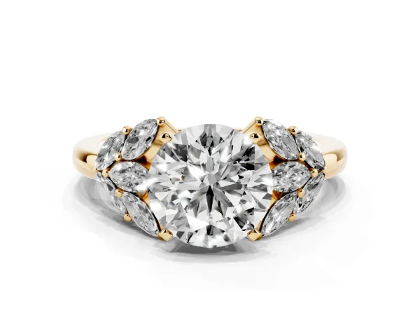 Round Cut Diamond Cluster Leaf Design Ring with Prong Setting Yellow gold