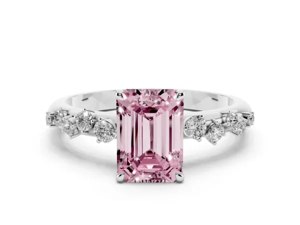 Fancy Pink Emerald Cut Diamond Cluster Prong-Set Solitaire Ring Platinum