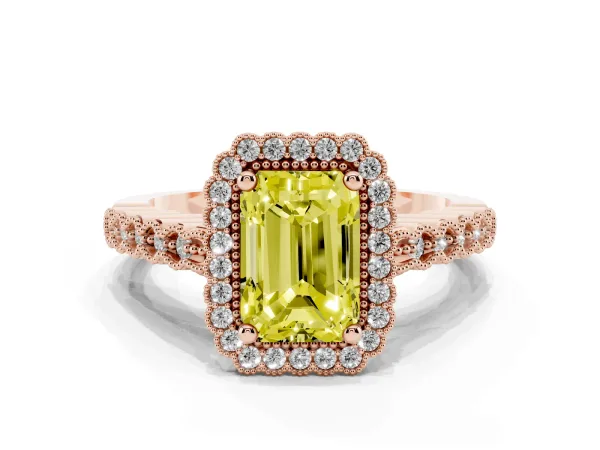Fancy Yellow Radiant Cut Cut Halo Pavé Solitaire Ring with Milgrain Band Rose gold