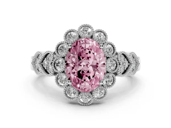 Fancy Pink Oval Cut Brilliant Milgrain Pave Heart Band Solitaire Ring White gold