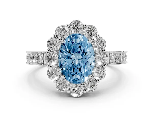 Fancy Blue Oval Cut Cut Halo Diamond Pavé Engagement Ring with Milgrain Detailing White gold