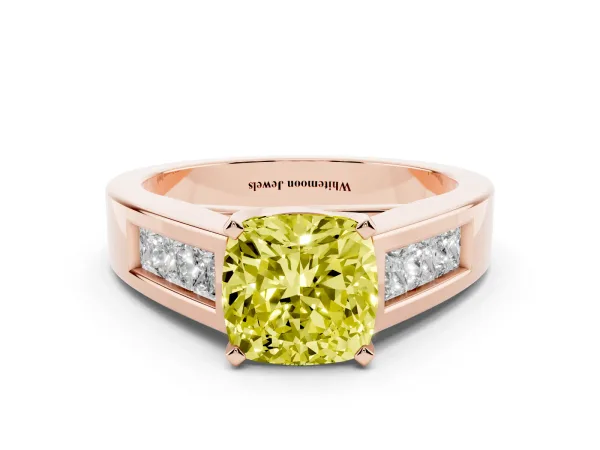 Fancy Yellow Cushion Cut Cut Channel Set Solitaire Ring with Four-Prong Setting Rose gold