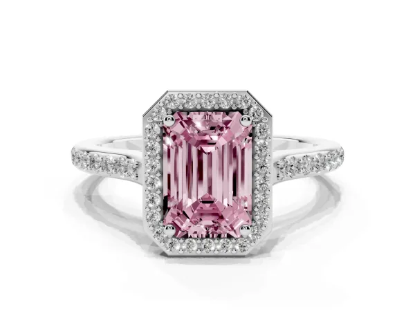 Fancy Pink Emerald Cut Diamond Halo Engagement Ring with Round Pavé Shoulders and Prong Setting Platinum