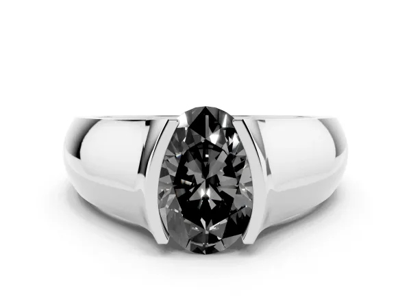 Fancy Black Oval Cut Solitaire Bezel Set Diamond Ring with Wide Band Platinum