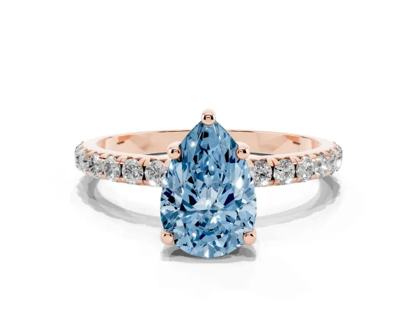 Fancy Blue Pear Cut Cut Diamond Solitaire Ring with Micro Pave Band and Four Prong Setting Rose gold