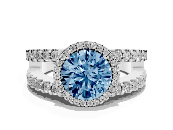 Fancy Blue Round Cut Cut Halo Split Shank Diamond Ring with Four-Prong Setting White gold