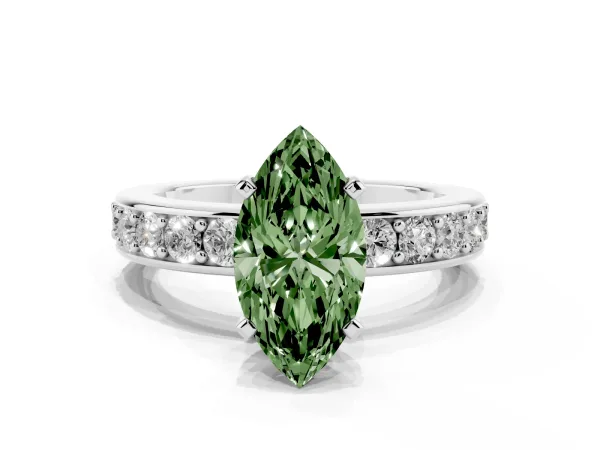 Fancy Green Marquise Cut Diamond Engagement Ring with Channel Set Round Band and Prong Setting Platinum