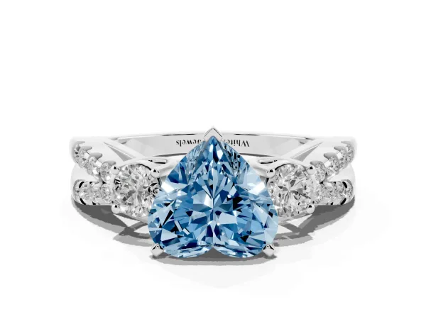 Fancy Blue Heart Cut Diamond Three-Stone Ring with Pavé Split Shank and Four-Prong Setting White gold