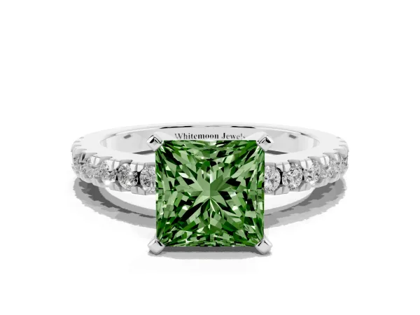 Fancy Green Princess Cut Solitaire Diamond with Pavé Band and Four-Prong Setting Platinum