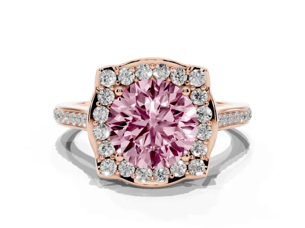Fancy Pink Round Cut Halo Round Diamond Pave Band with Four-Prong Setting Rose gold