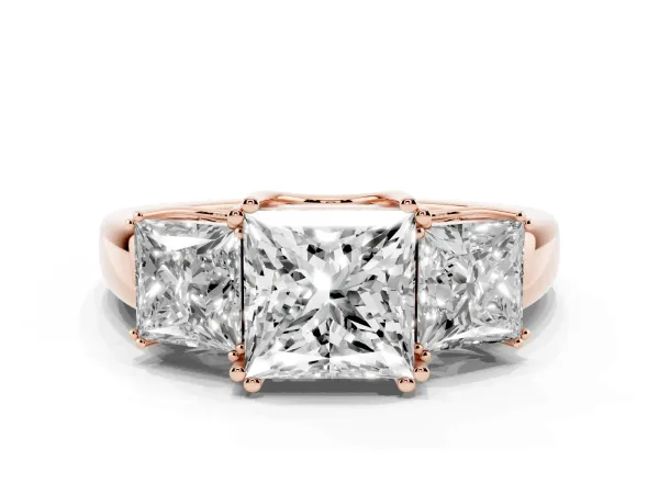 Three-Stone Princess Cut Cut Diamond Ring with Channel Set Band and Four-Prong Setting Rose gold