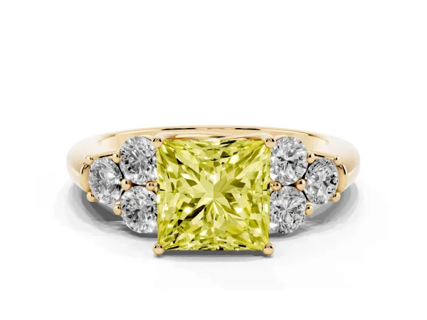 Fancy Yellow Princess Cut Cut Diamond Cluster Ring with Round Accent Stones and Prong Setting on a Classic Band Yellow gold