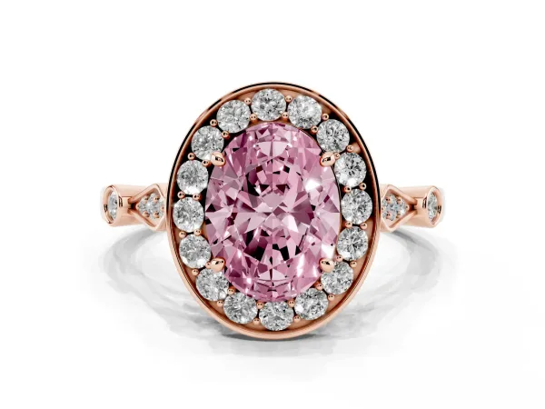 Fancy Pink Oval Cut Halo Diamond Engagement Ring with Twisted Band and Four-Prong Setting Rose gold