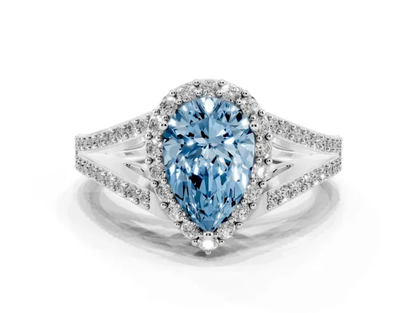 Fancy Blue Pear Cut Halo Split Shank Diamond Ring with Prong Setting Platinum