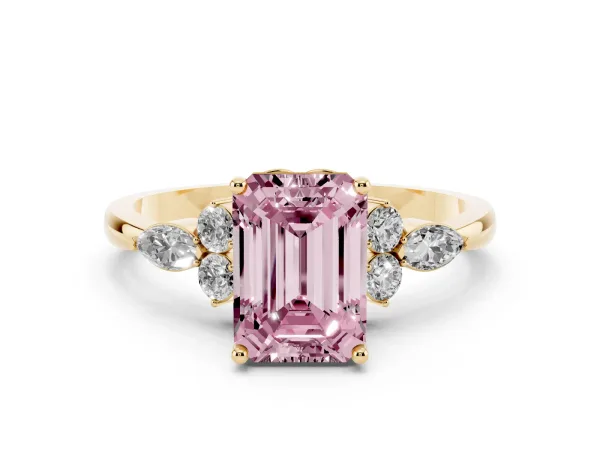 Fancy Pink Emerald Cut Brilliant Diamond Solitaire Ring with Pear Side Stones and Four-Prong Setting Yellow gold