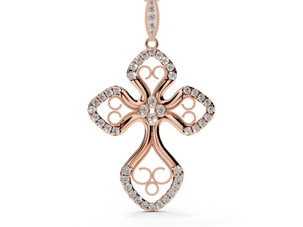 Diamond Pavé Round Milgrain Cross Pendant Rose gold