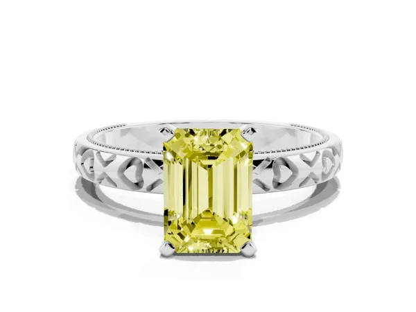 Fancy Yellow Emerald Cut Solitaire Diamond Engagement Ring with XO Engraved Band and Four-Prong Setting Platinum