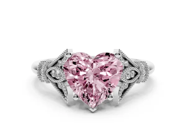 Fancy Pink Heart Cut Diamond Solitaire Ring with Floral Filigree and Pave Accents Platinum