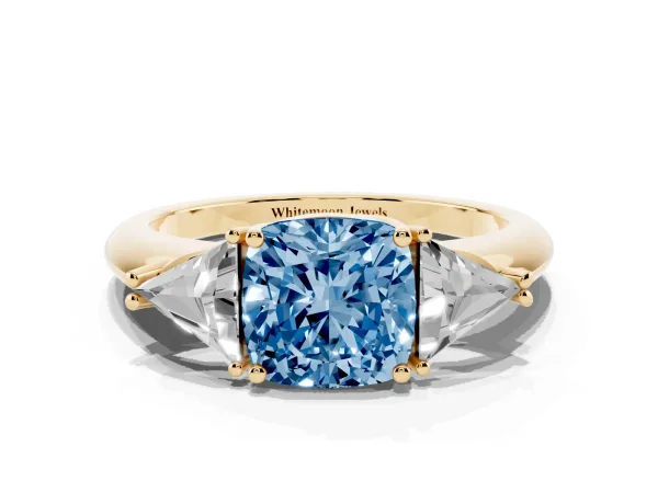 Fancy Blue Three-Stone Cushion Cut Diamond Engagement Ring with Trillion Side Stones and Prong Setting Yellow gold