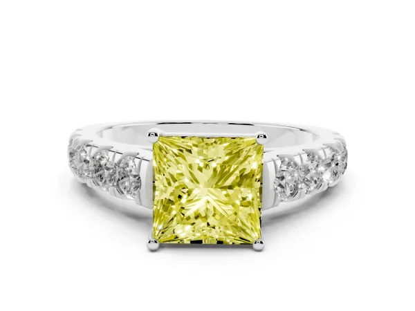 Fancy Yellow Princess Cut Cut Diamond Solitaire Ring with Micro Pave Band and Prong Setting White gold