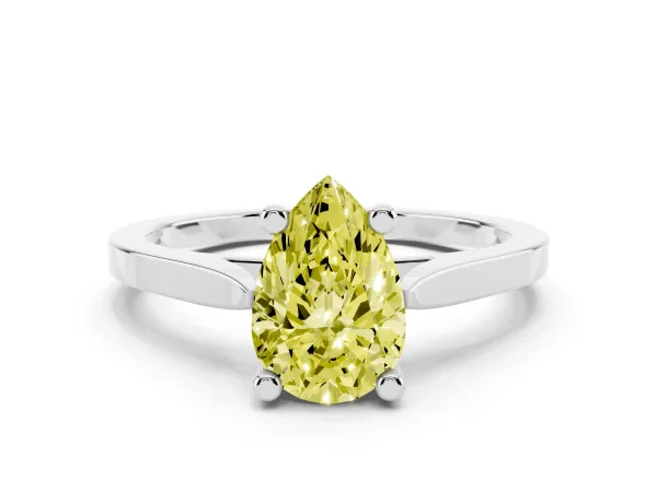 Fancy Yellow Pear Cut Solitaire Diamond Ring with Four-Prong Setting and Tapered Band Platinum