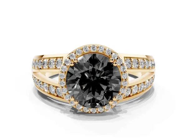 Fancy Black Round Cut Diamond Halo Ring with Split Shank Pavé Band and Four-Prong Setting Yellow gold