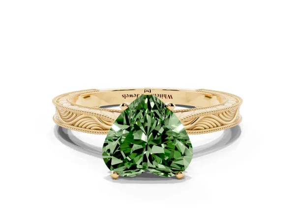 Fancy Green Heart Cut Solitaire Milgrain Engraved Band with Four-Prong Setting Yellow gold