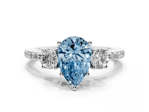Fancy Blue Three-Stone Pear Cut Cut Diamond Pavé Band with Prong Setting Platinum