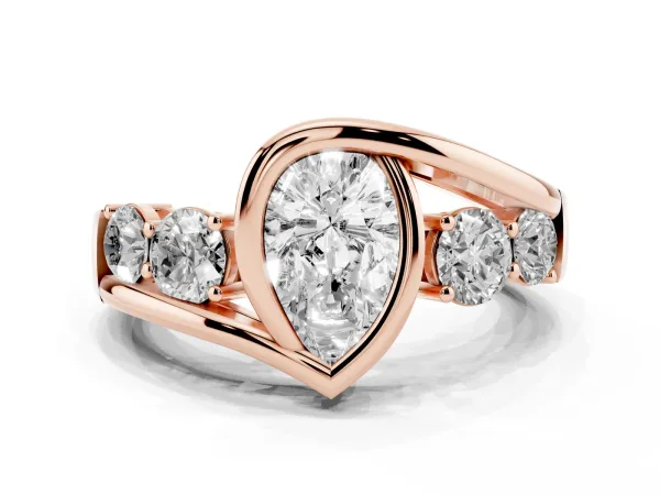 Bezel Set Pear Cut Diamond Bypass Ring with Round Accents Rose gold