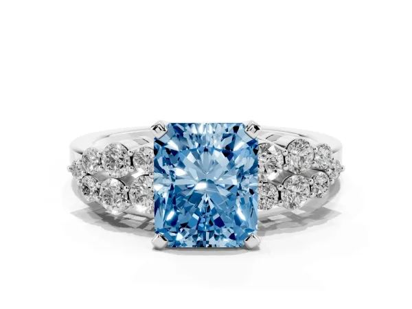 Fancy Blue Radiant Cut Cluster Diamond Engagement Ring with Pavé Band and Four-Prong Setting White gold