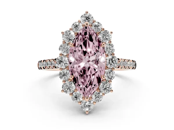 Fancy Pink Marquise Cut Halo Diamond Ring with Pavé Band and Prong Setting Rose gold