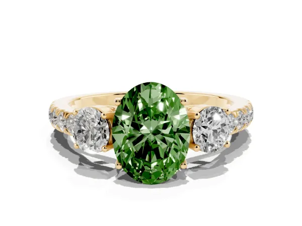 Fancy Green Oval Cut Cut Diamond Three-Stone Ring with Round Side Stones and Pavé Band Yellow gold