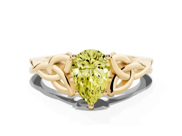 Fancy Yellow Pear Cut Diamond Solitaire Engagement Ring with Celtic Knot Band and Four-Prong Setting Yellow gold