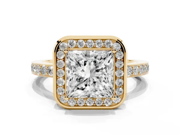 Princess Cut Diamond Halo Ring with Bezel Frame and Pavé Band Yellow gold