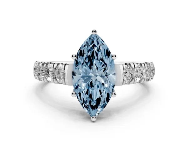 Fancy Blue Marquise Cut Cut Diamond Solitaire Ring with Micro Pave Band and Prong Setting White gold