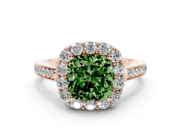 Fancy Green Cushion Cut Diamond Floral Halo Ring with Pavé Band and Prong Setting Rose gold