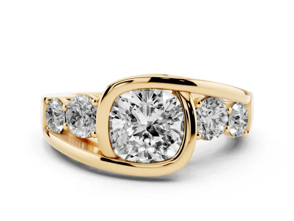 Bezel Set Cushion Cut Diamond Bypass Ring with Round Accents Yellow gold